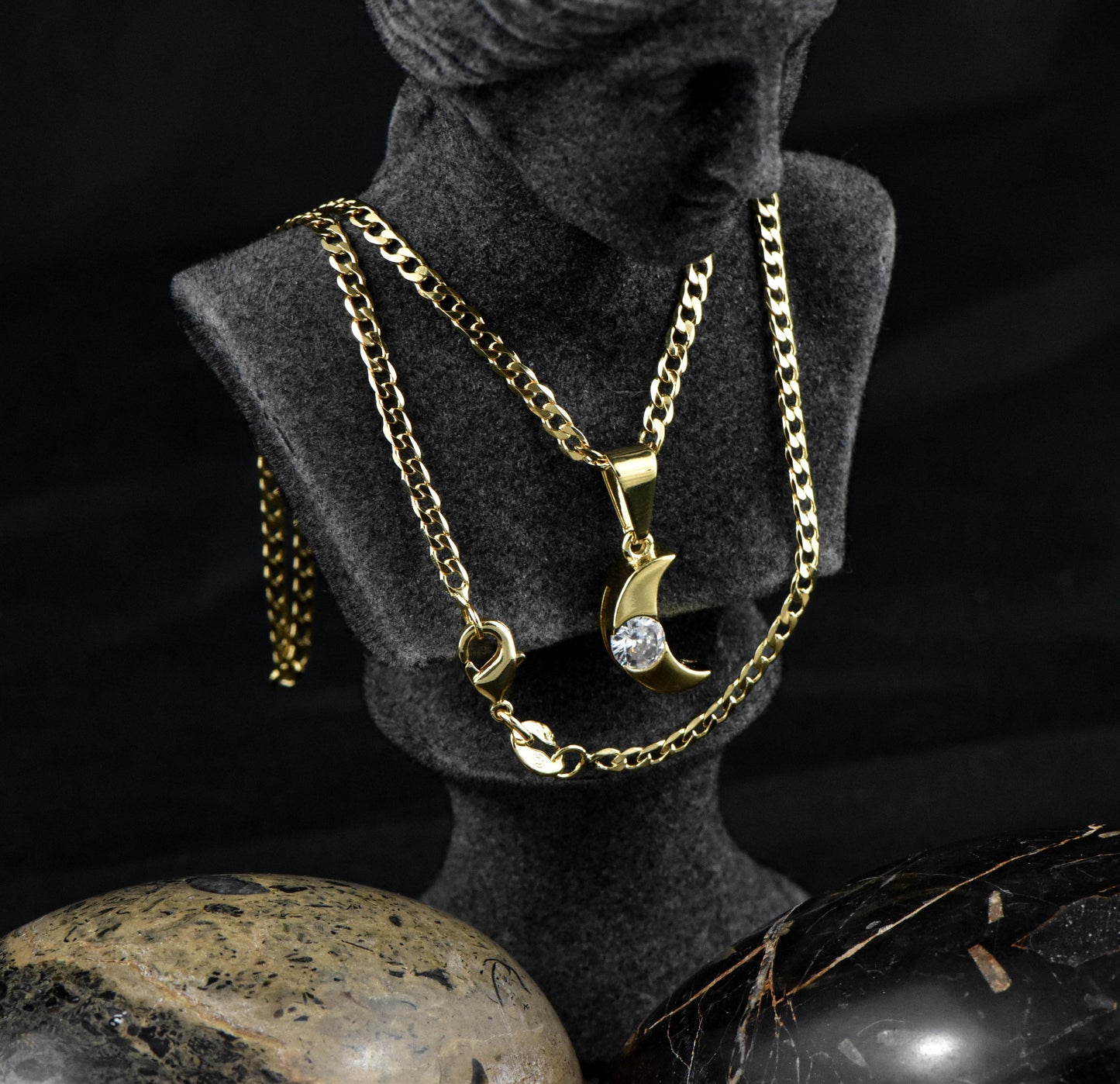 Cadena Cubana Diamantada 45cms + Colgante Luna Cristal