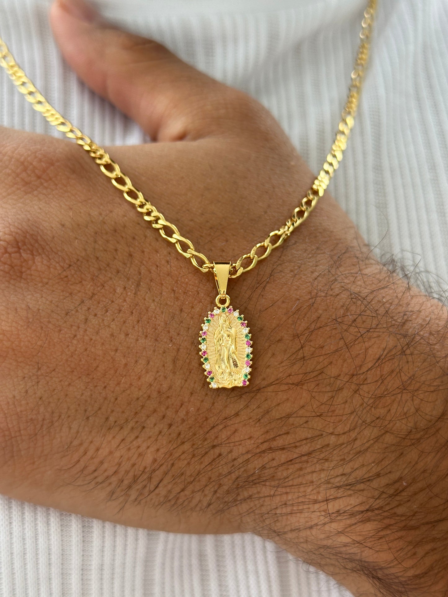 Cadena 3x3 3mm 60cm + Colgante Virgen Piedras