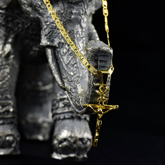 Cadena Escalera Plana Tallada 45cms + Colgante Cruz Madero Tallado