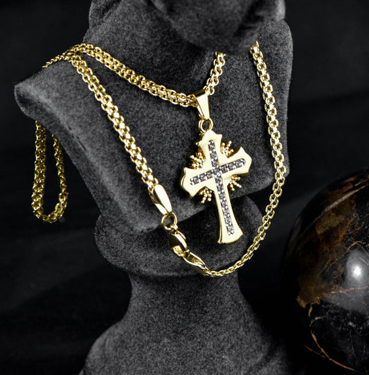 Cadena Tejido Chino 65 cms + Colgante Cruz Sagrada Circonia Cristal