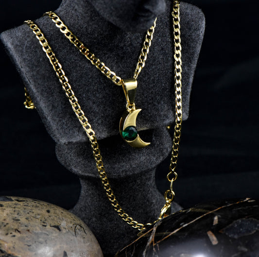 Cadena Cubana Diamantada 45cms + Colgante Luna Circonia Verde